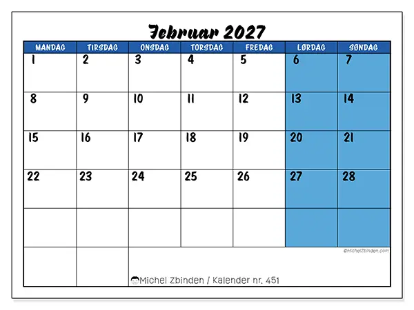 Februar 2027 månedskalender til udskrivning - Dynamisk organisering