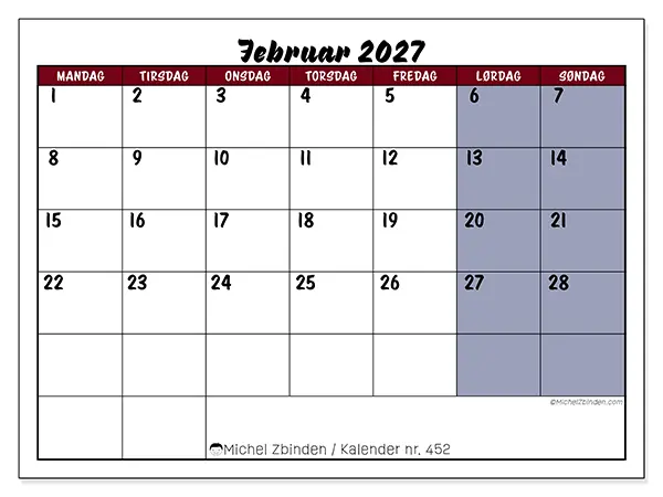 Februar 2027 månedskalender til udskrivning - Opgaver i farver