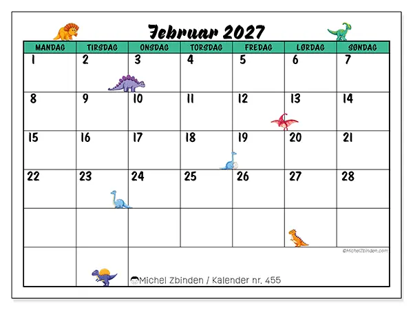 Februar 2027 månedskalender til udskrivning - Små dinosaurer