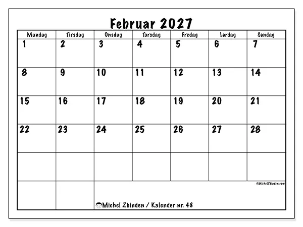 Februar 2027 månedskalender til udskrivning - Daglig planlægning