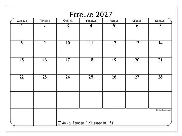 Februar 2027 månedskalender til udskrivning - Måltidsplan