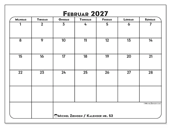 Februar 2027 månedskalender til udskrivning - Professionel organisering