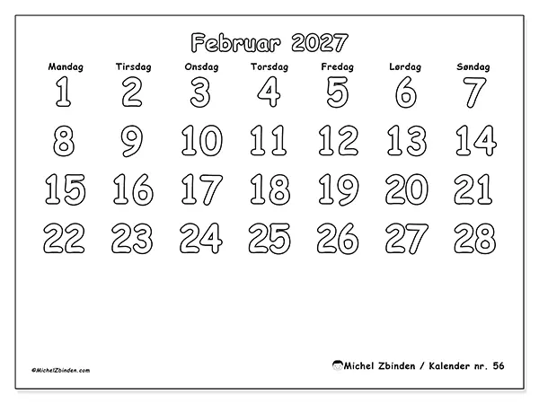 Februar 2027 månedskalender til udskrivning - Nyttig farvelægning