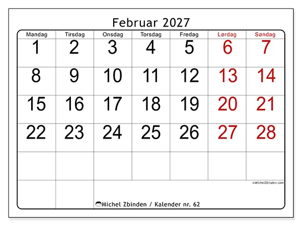 Februar 2027 månedskalender til udskrivning - Hurtigt overblik