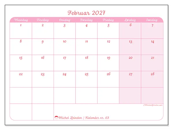 Februar 2027 månedskalender til udskrivning - Blid organisering