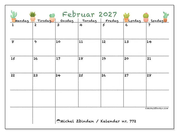 Februar 2027 månedskalender til udskrivning - Dekorative kaktusser
