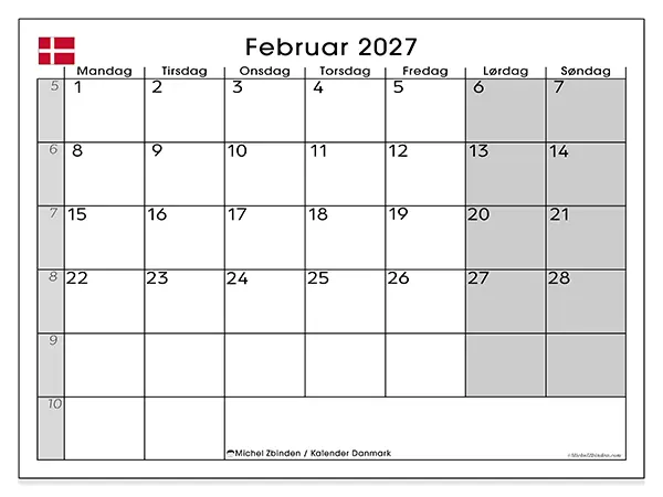 Februar 2027 månedskalender til udskrivning - Danmark