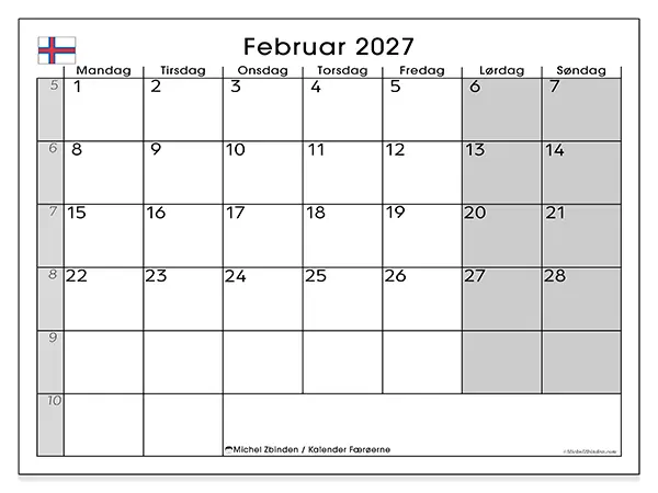 Februar 2027 månedskalender til udskrivning - Færøerne
