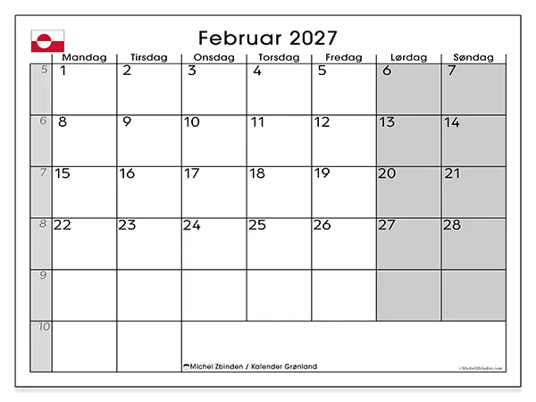Februar 2027 månedskalender til udskrivning - Grønland