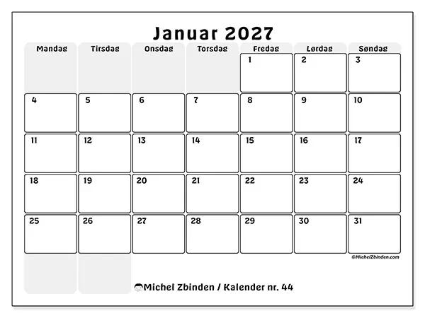Januar 2027 månedskalender til udskrivning - Struktureret planlægning