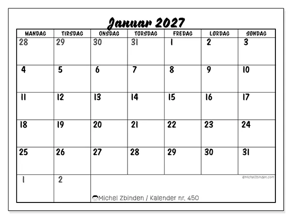 Januar 2027 månedskalender til udskrivning - Detaljeret organisering