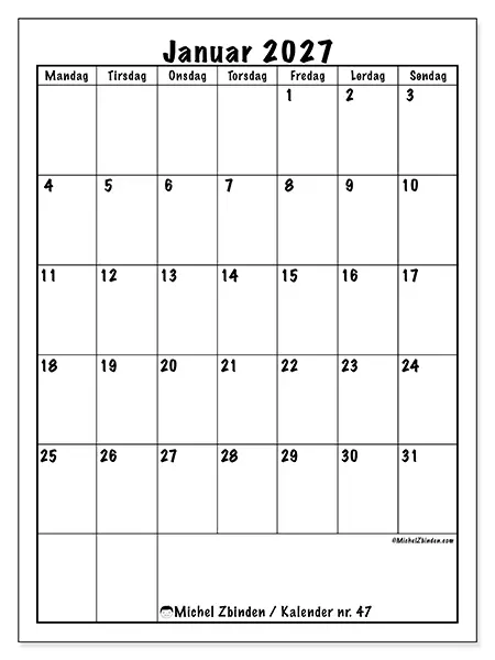 Januar 2027 månedskalender til udskrivning - Tydelig planlægning