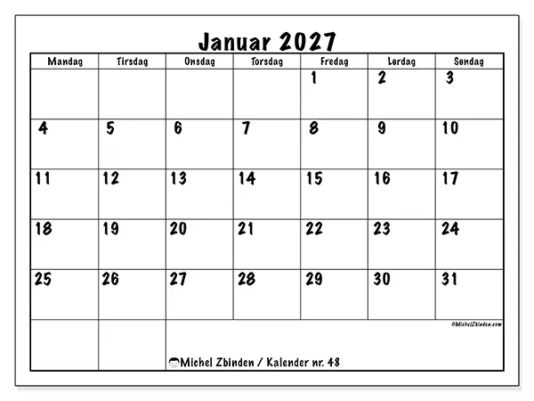 Januar 2027 månedskalender til udskrivning - Daglig planlægning