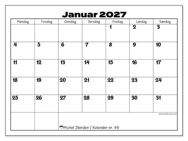 Januar 2027 månedskalender til udskrivning - Koordinering på arbejdet