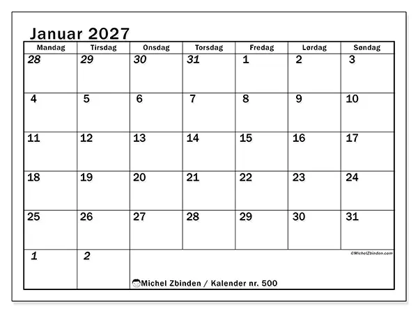 Januar 2027 månedskalender til udskrivning - Intensiv planlægning