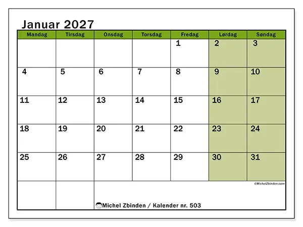 Januar 2027 månedskalender til udskrivning - Levende organisering