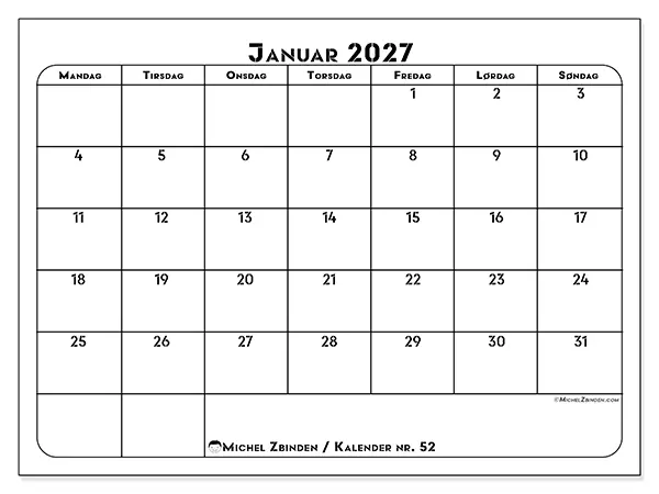 Januar 2027 månedskalender til udskrivning - Professionel organisering