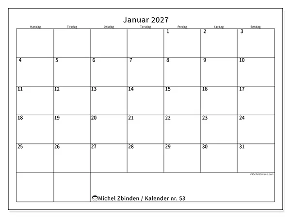 Januar 2027 månedskalender til udskrivning - Tydeligt skema