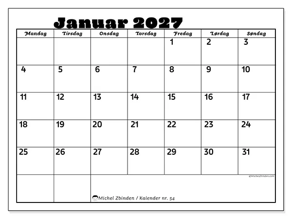Januar 2027 månedskalender til udskrivning - Familieaktiviteter
