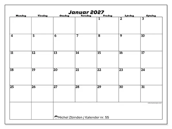 Januar 2027 månedskalender til udskrivning - Organisering af fritid