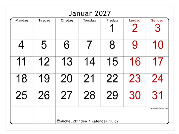 Januar 2027 månedskalender til udskrivning - Hurtigt overblik