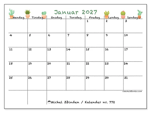 Januar 2027 månedskalender til udskrivning - Dekorative kaktusser