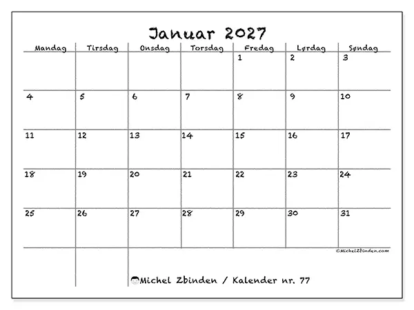 Januar 2027 månedskalender til udskrivning - Skole og familie