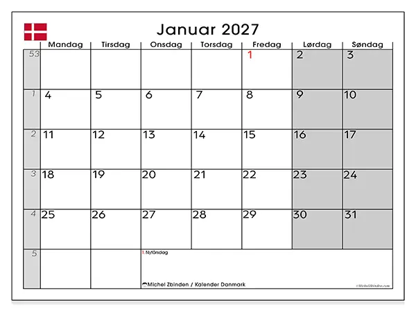 Januar 2027 månedskalender til udskrivning - Danmark