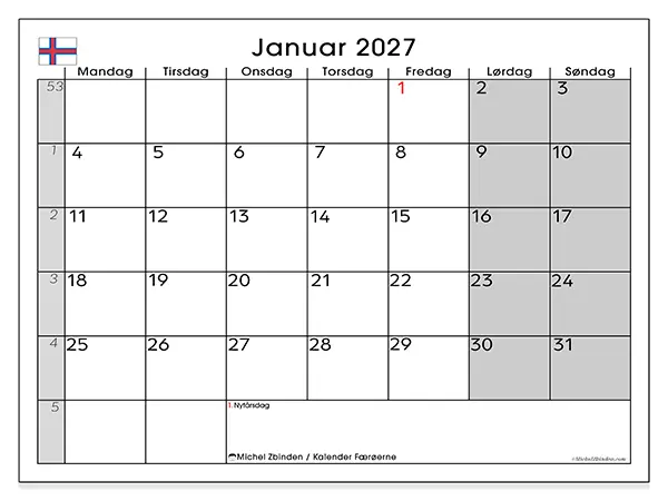 Januar 2027 månedskalender til udskrivning - Færøerne