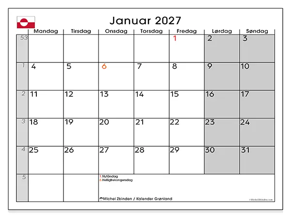 Januar 2027 månedskalender til udskrivning - Grønland