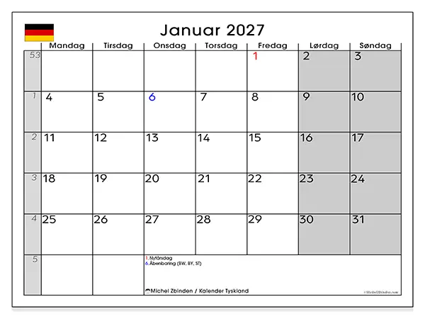 Januar 2027 månedskalender til udskrivning - Tyskland