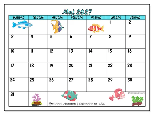 Maj 2027 månedskalender til udskrivning - Farverige fisk
