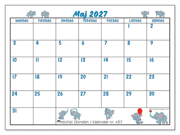 Maj 2027 månedskalender til udskrivning - Små elefanter