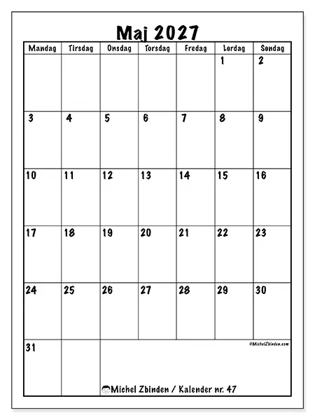 Maj 2027 månedskalender til udskrivning - Tydelig planlægning