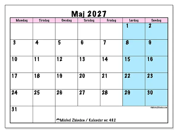 Maj 2027 månedskalender til udskrivning - Team tidsplan