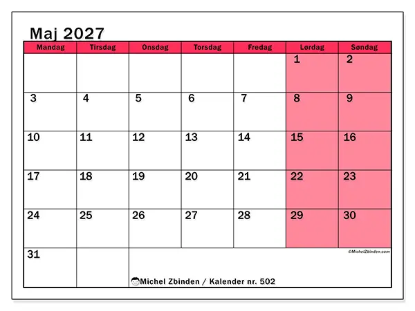 Maj 2027 månedskalender til udskrivning - Lys organisering