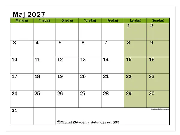 Maj 2027 månedskalender til udskrivning - Levende organisering