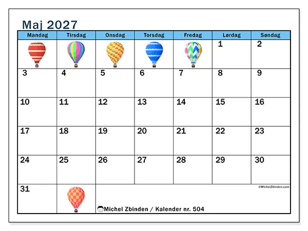 Maj 2027 månedskalender til udskrivning - Luftballoner