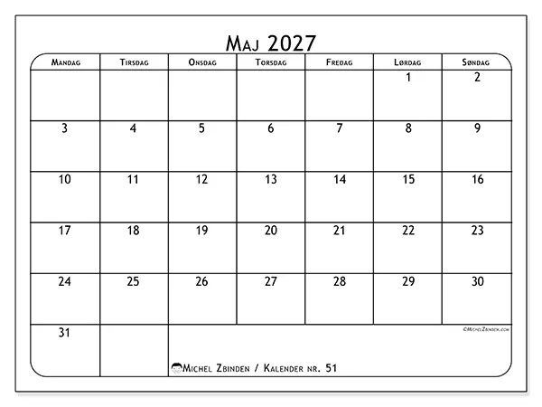 Maj 2027 månedskalender til udskrivning - Måltidsplan