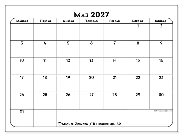 Maj 2027 månedskalender til udskrivning - Professionel organisering