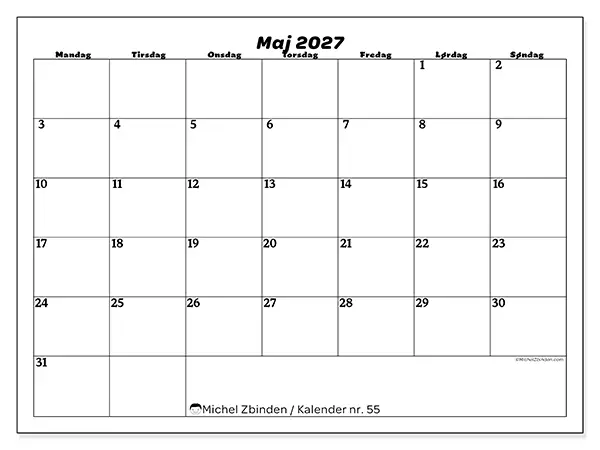 Maj 2027 månedskalender til udskrivning - Organisering af fritid