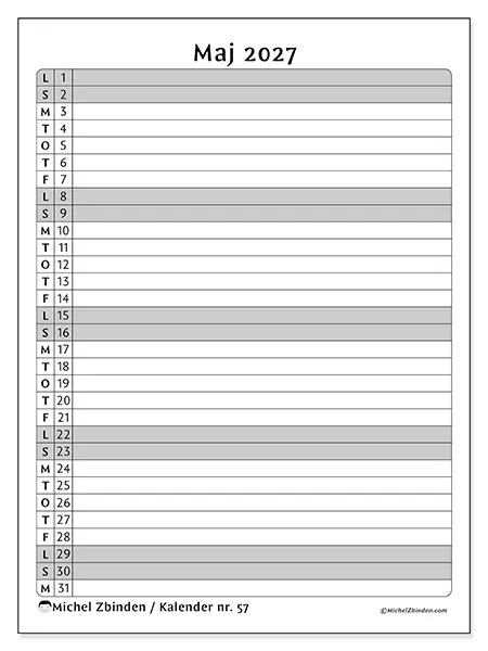 Maj 2027 månedskalender til udskrivning - Aktivitetsliste