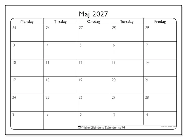 Maj 2027 månedskalender til udskrivning - Arbejdsorganisering