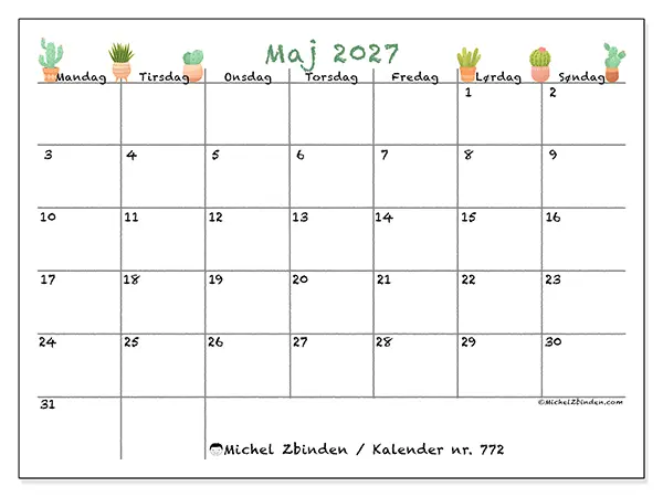 Maj 2027 månedskalender til udskrivning - Dekorative kaktusser