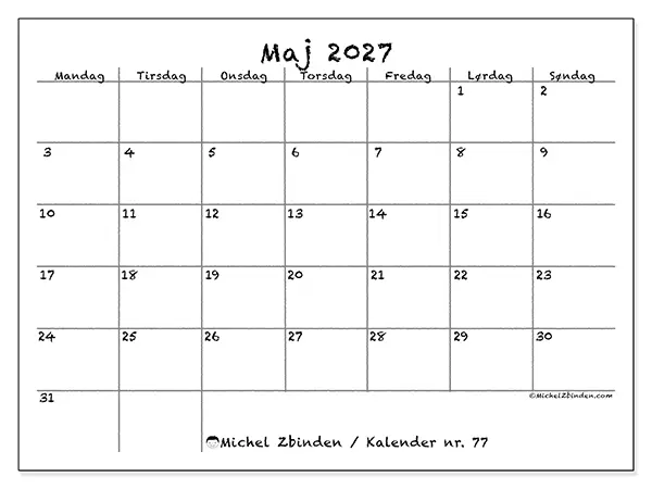 Maj 2027 månedskalender til udskrivning - Skole og familie