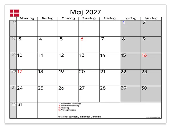 Maj 2027 månedskalender til udskrivning - Danmark