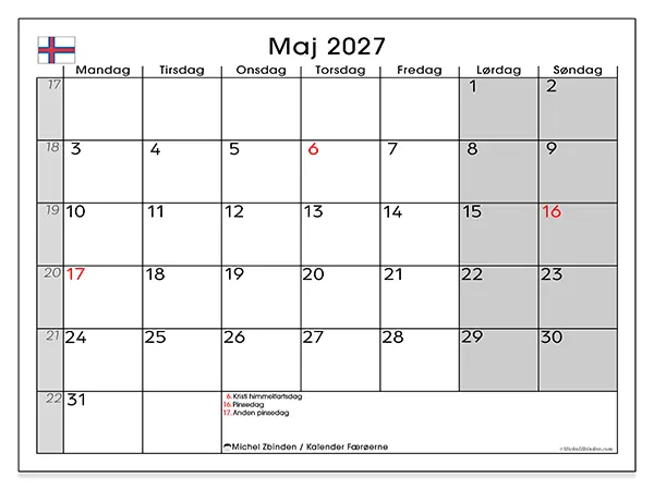Maj 2027 månedskalender til udskrivning - Færøerne