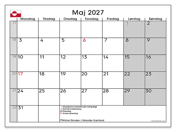 Maj 2027 månedskalender til udskrivning - Grønland