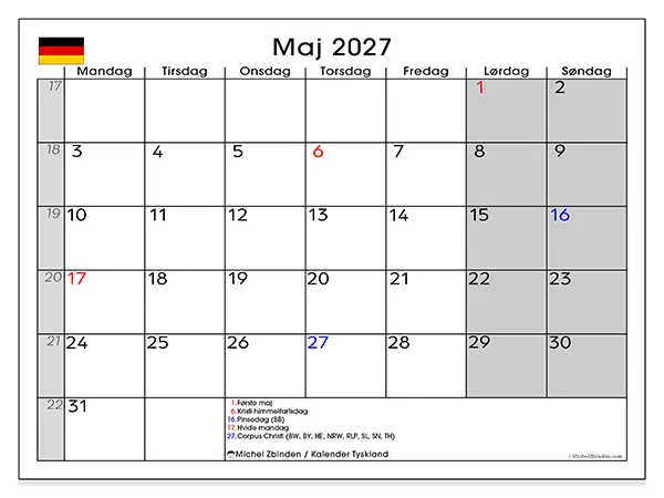 Maj 2027 månedskalender til udskrivning - Tyskland