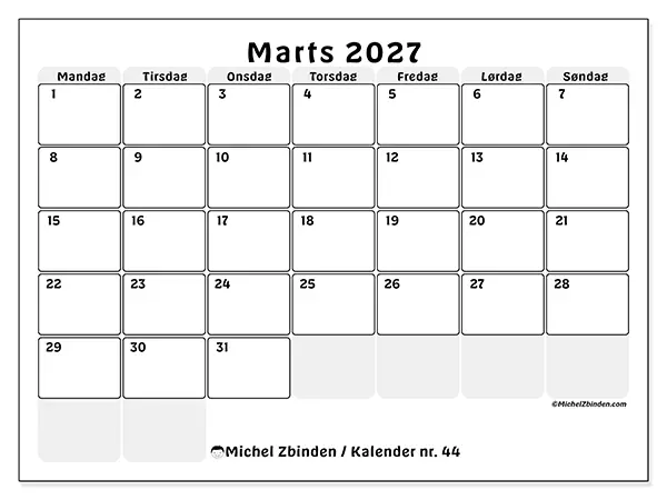 Marts 2027 månedskalender til udskrivning - Struktureret planlægning